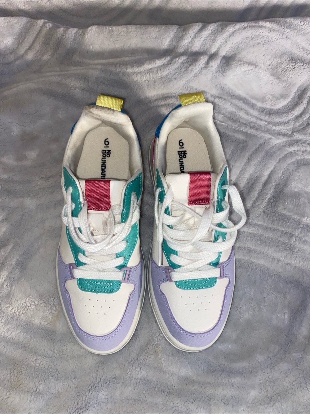 No Boundaries Kids White Sneakers with Teal, Lavender, Pink & Yellow Accents